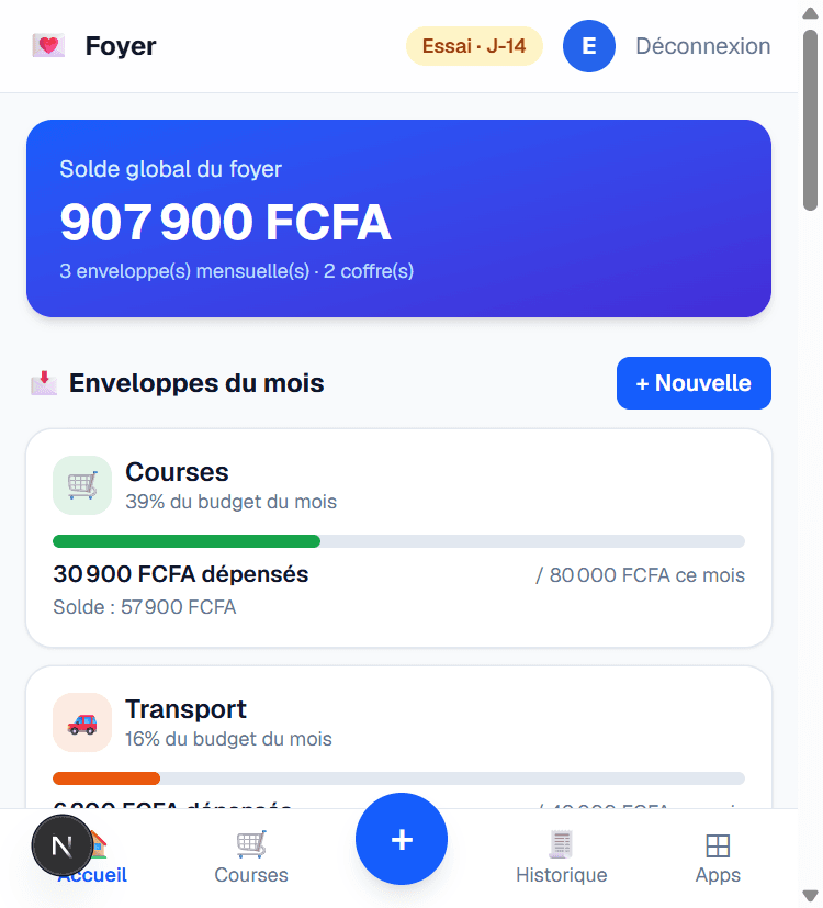 Tableau de bord Foyer : solde global, enveloppes et coffres