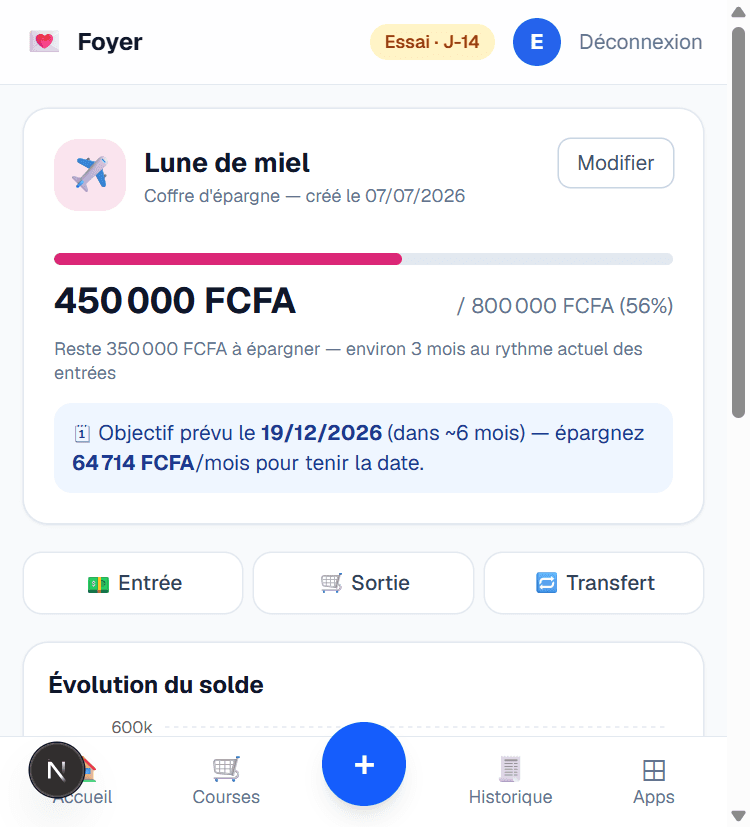 Coffre Lune de miel : progression et rythme d'épargne calculé